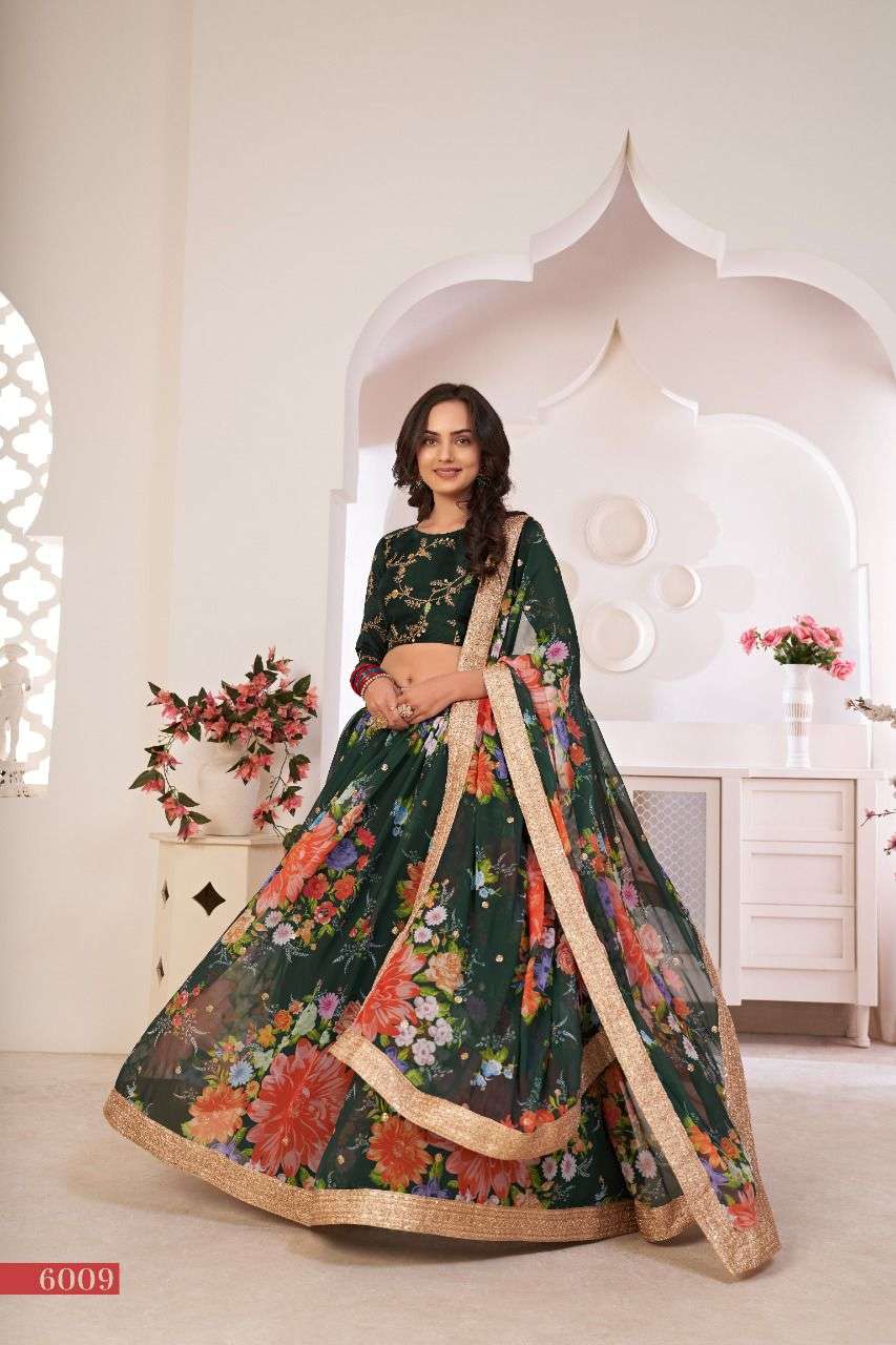 GREEN DESIGNER BEST QUALITY PRINTED GEORGETTE LEHENGA AT WHOLESALE RATE PC6009