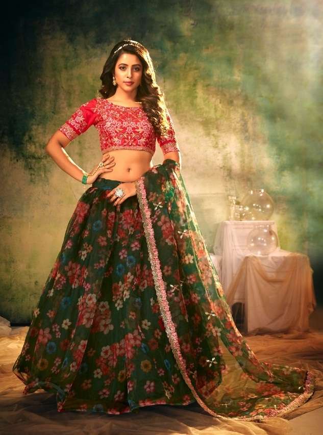 GREEN DESIGNER FANCY WEDDING PARTY WEAR LEHENGA CHOLI IN ORGANZA SILK SHREEMATEE VIHANA 108