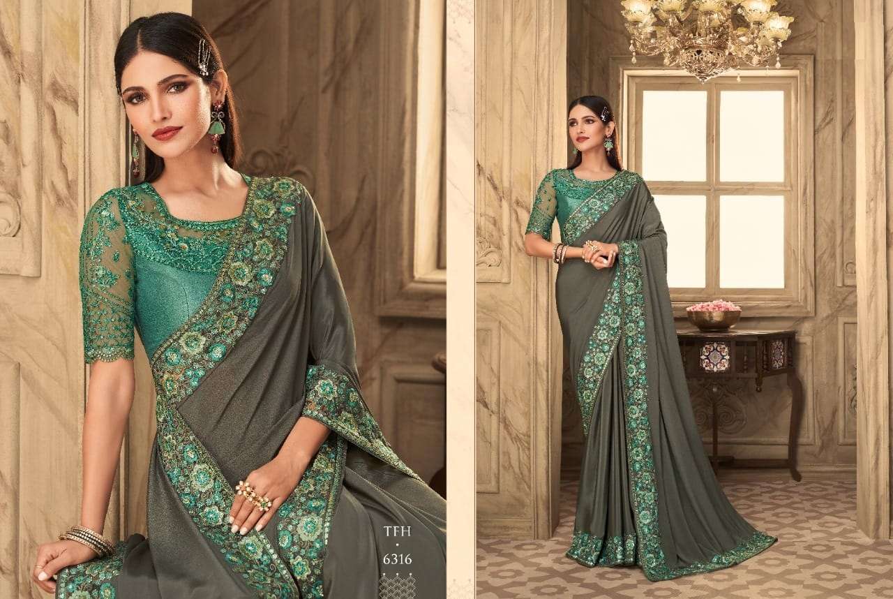 Pista green silk festival wear saree 6312