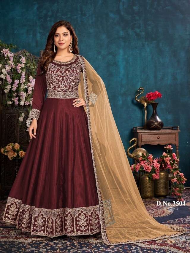 MAROON COLOR DESIGNER FANCY WEDDING PARTY WEAR SILK GOWN 3504