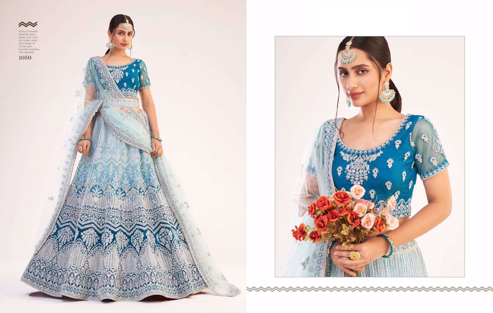 PREMIUM DESIGNER WEDDING PARTY WEAR FIROZI NET LEHENGA CHOLI COLLECTION ALIZEH 1050