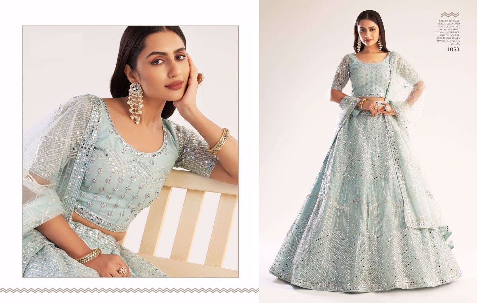 PREMIUM DESIGNER WEDDING PARTY WEAR PASTEL BLUE NET LEHENGA CHOLI COLLECTION ALIZEH 1053