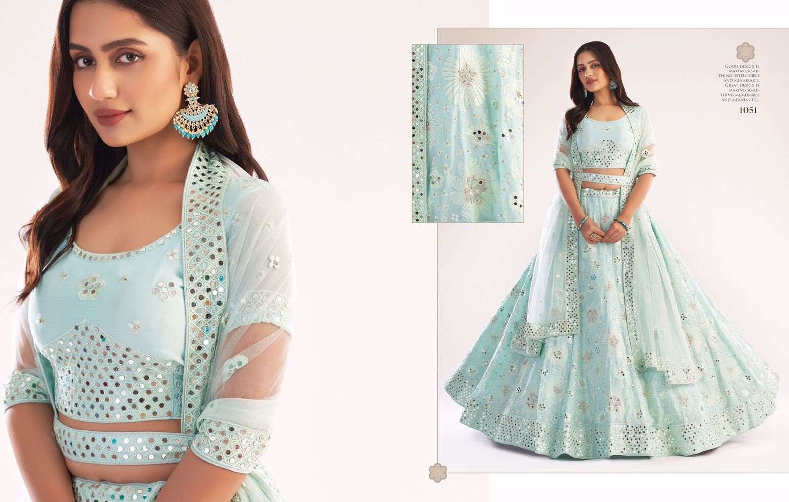 PREMIUM DESIGNER WEDDING PARTY WEAR SEA GREEN NET LEHENGA CHOLI COLLECTION ALIZEH 1051