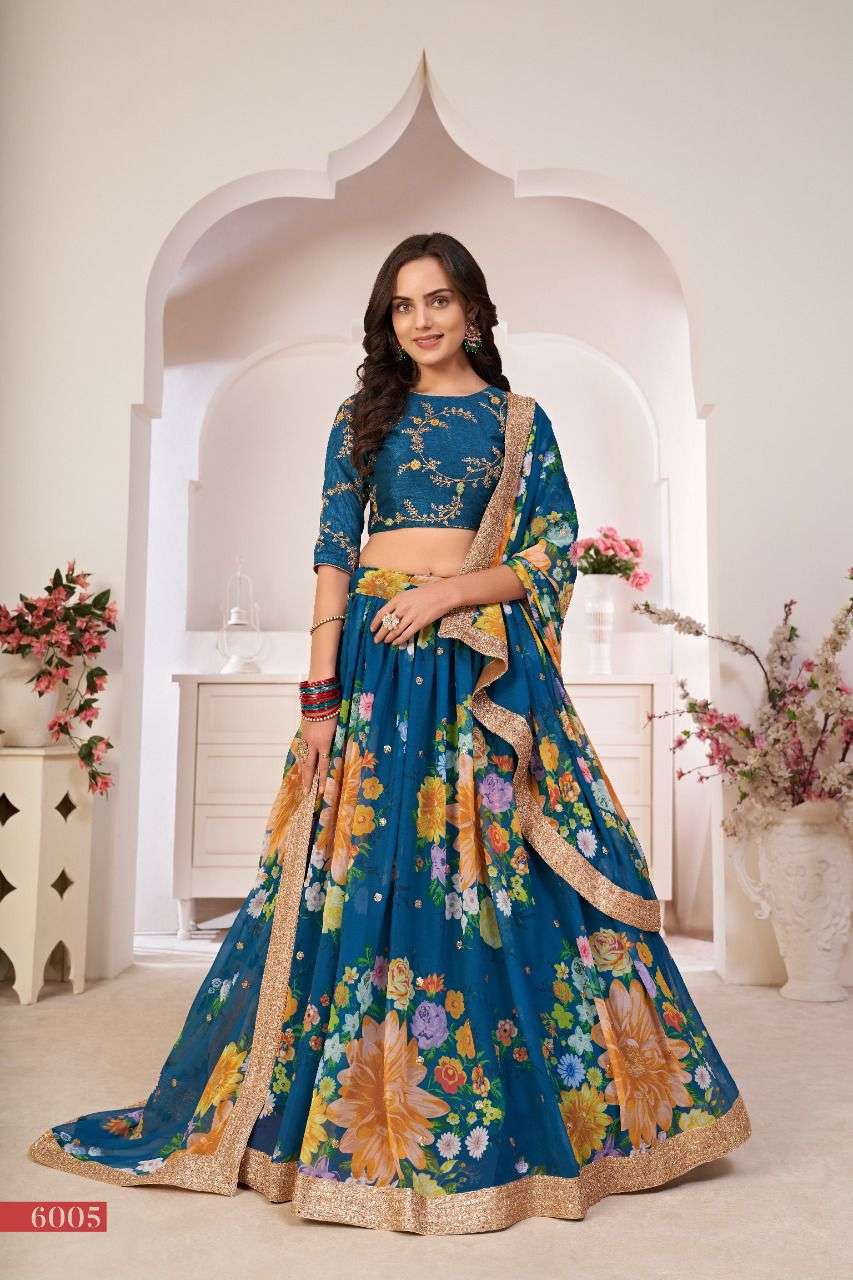 RAMA BLUE DESIGNER BEST QUALITY PRINTED GEORGETTE LEHENGA AT WHOLESALE RATE PC6005