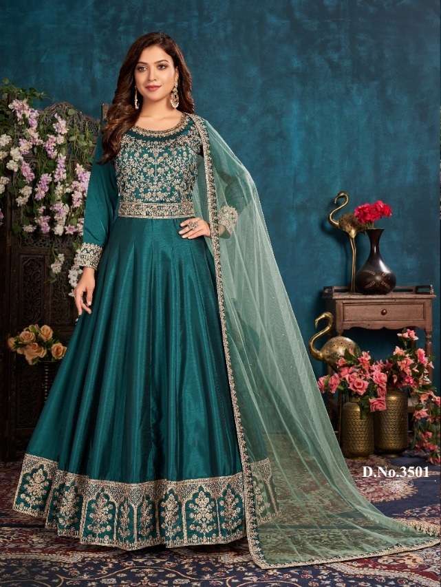 RAMA GREEN DESIGNER FANCY WEDDING PARTY WEAR SILK GOWN 3501