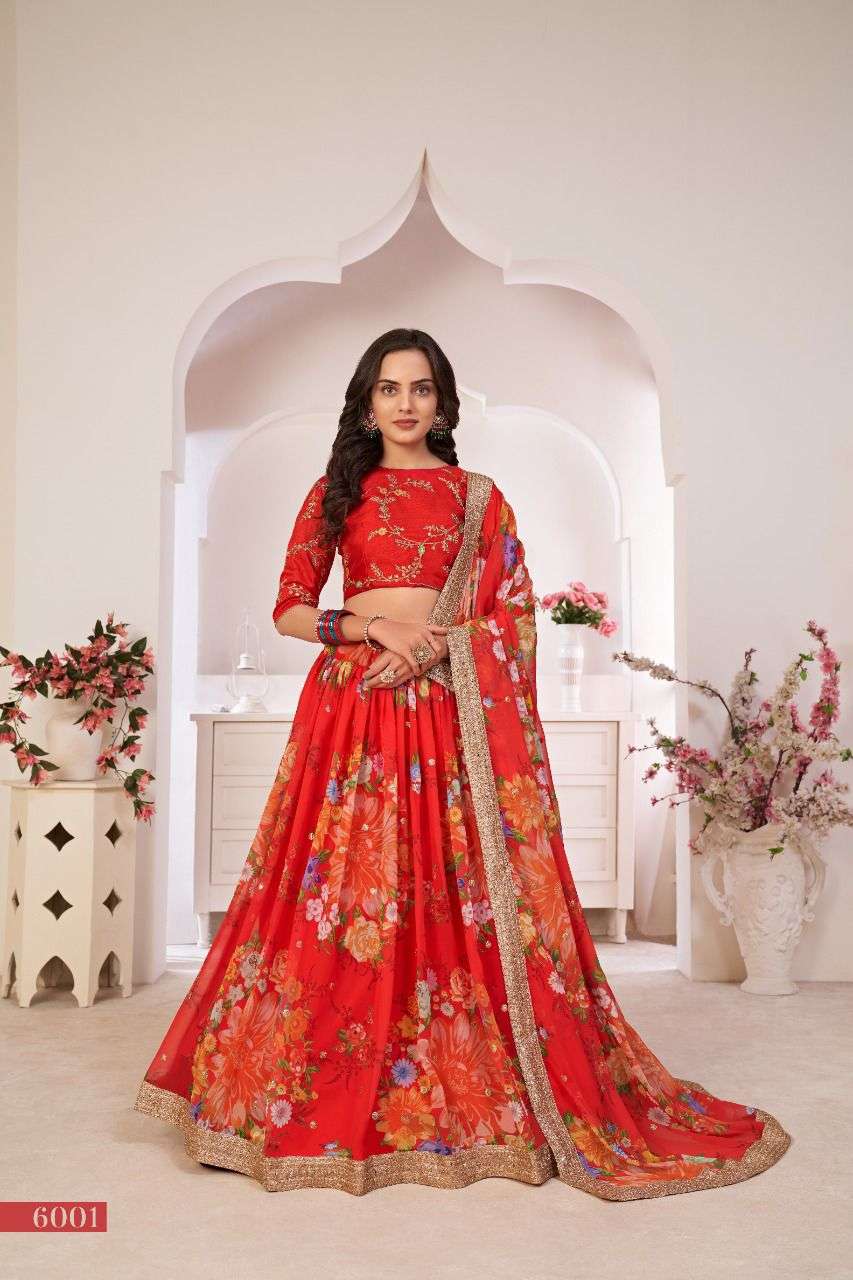 RED DESIGNER BEST QUALITY PRINTED GEORGETTE LEHENGA AT WHOLESALE RATE PC6001