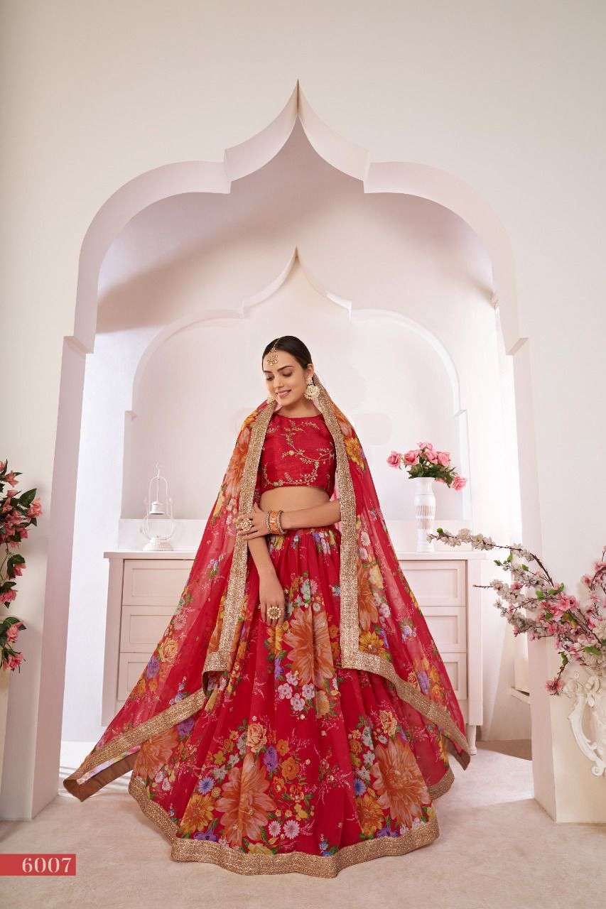 RED DESIGNER BEST QUALITY PRINTED GEORGETTE LEHENGA AT WHOLESALE RATE PC6007