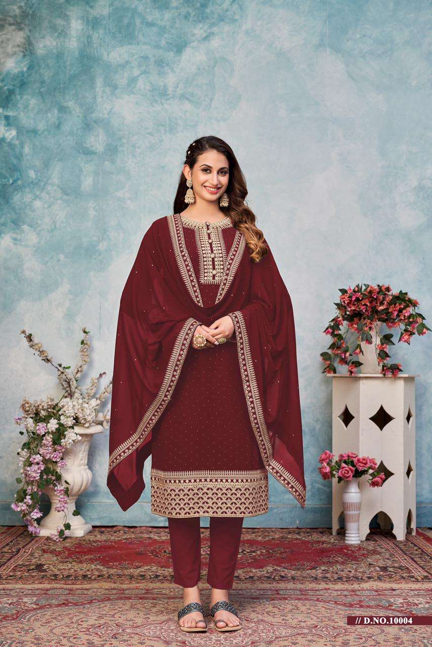 RED DESIGNER FANCY FAUX GEORGETTE PARTY WEAR STRAIGHT SALWAR SUIT ANJUBAA 10004