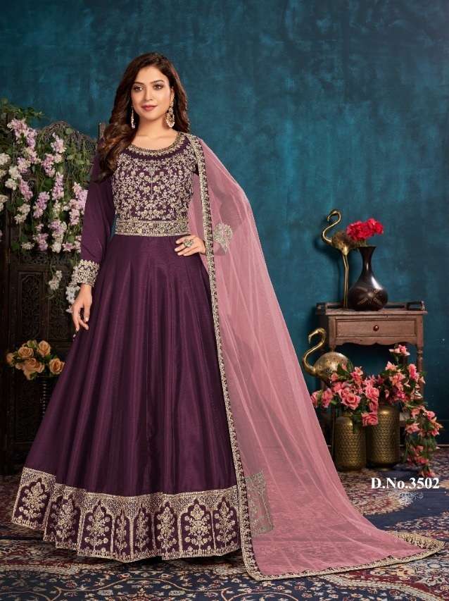 WINE COLOR DESIGNER FANCY WEDDING PARTY WEAR SILK GOWN 3502