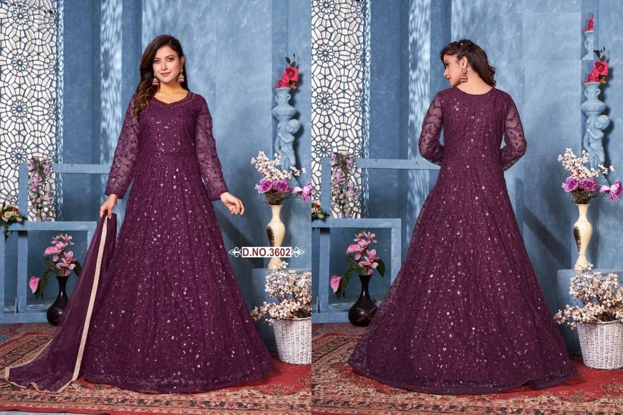 WINE DESIGNER FANCY PARTY WEAR ANARKALI GOWN SALWAR SUIT AANAYA 3602