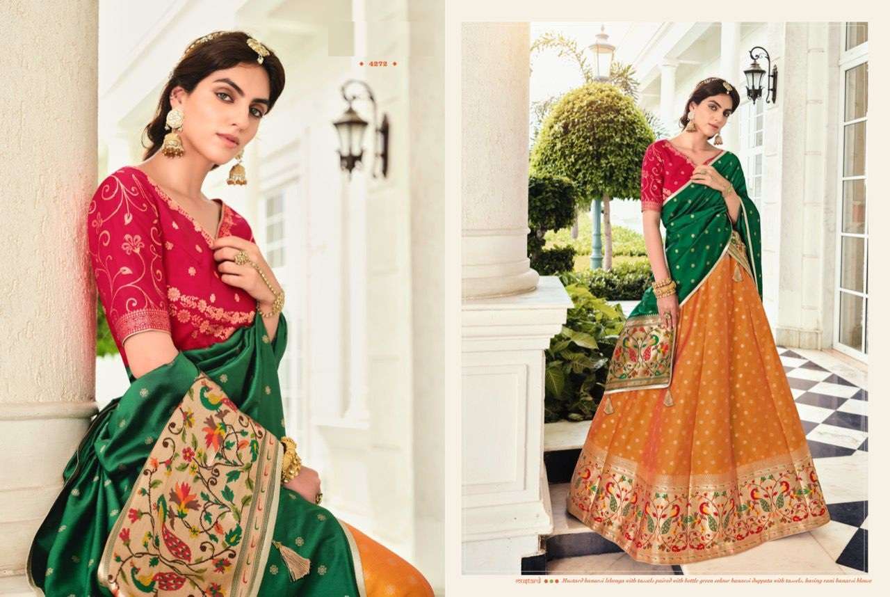 YELLOW DESIGNER FANCY WEDDING PARTY WEAR BANARASI SILK LEHENGA CHOLI NAKASHI 4272