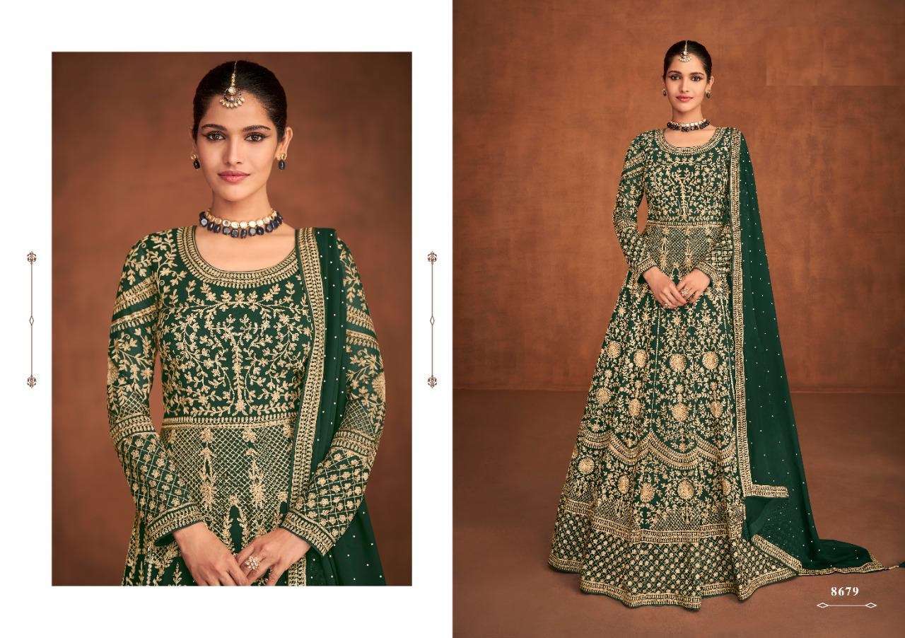 DESIGNER FANCY LONG ANARKALI GEORGETTE SALWAR SUIT FOR WOMEN PARTY WEAR COLLECTION 8679 GREEN