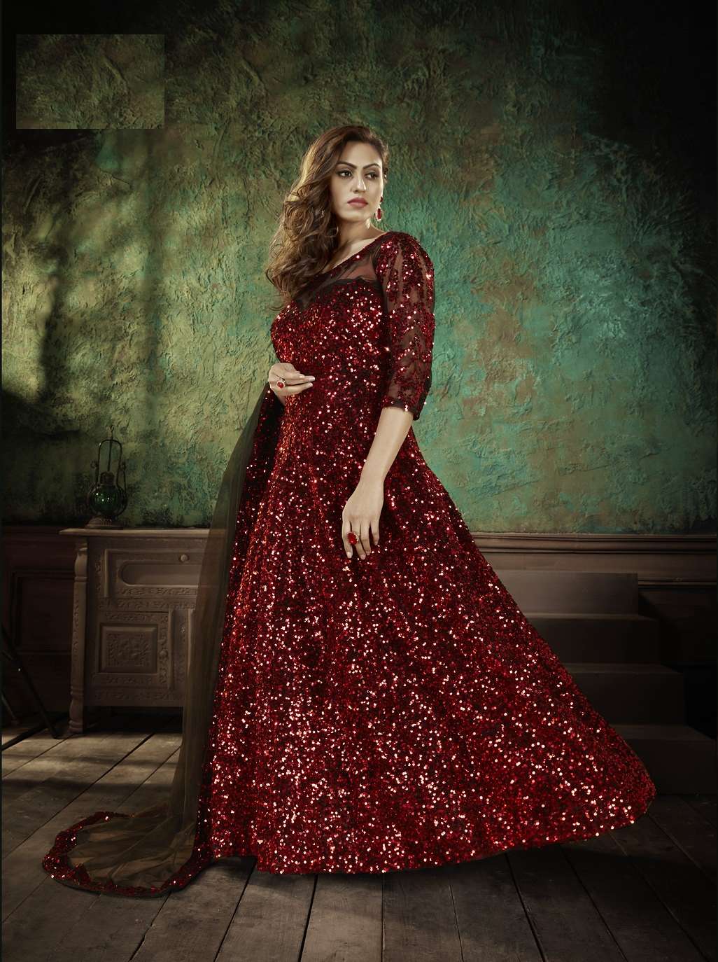 DESIGNER PARTY WEAR FANCY SEQUENCE WORK RED GOWN SALWAR SUIT FOR WOMEN PARTY WEAR SENHORA GULDASTA 25004