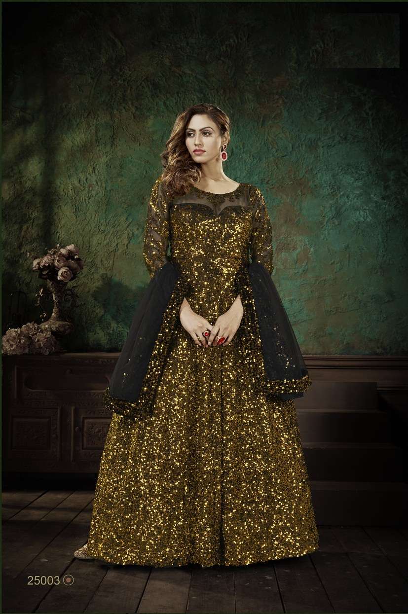 DESIGNER PARTY WEAR FANCY SEQUENCE WORK YELLOW GOWN SALWAR SUIT FOR WOMEN PARTY WEAR SENHORA GULDASTA 25003