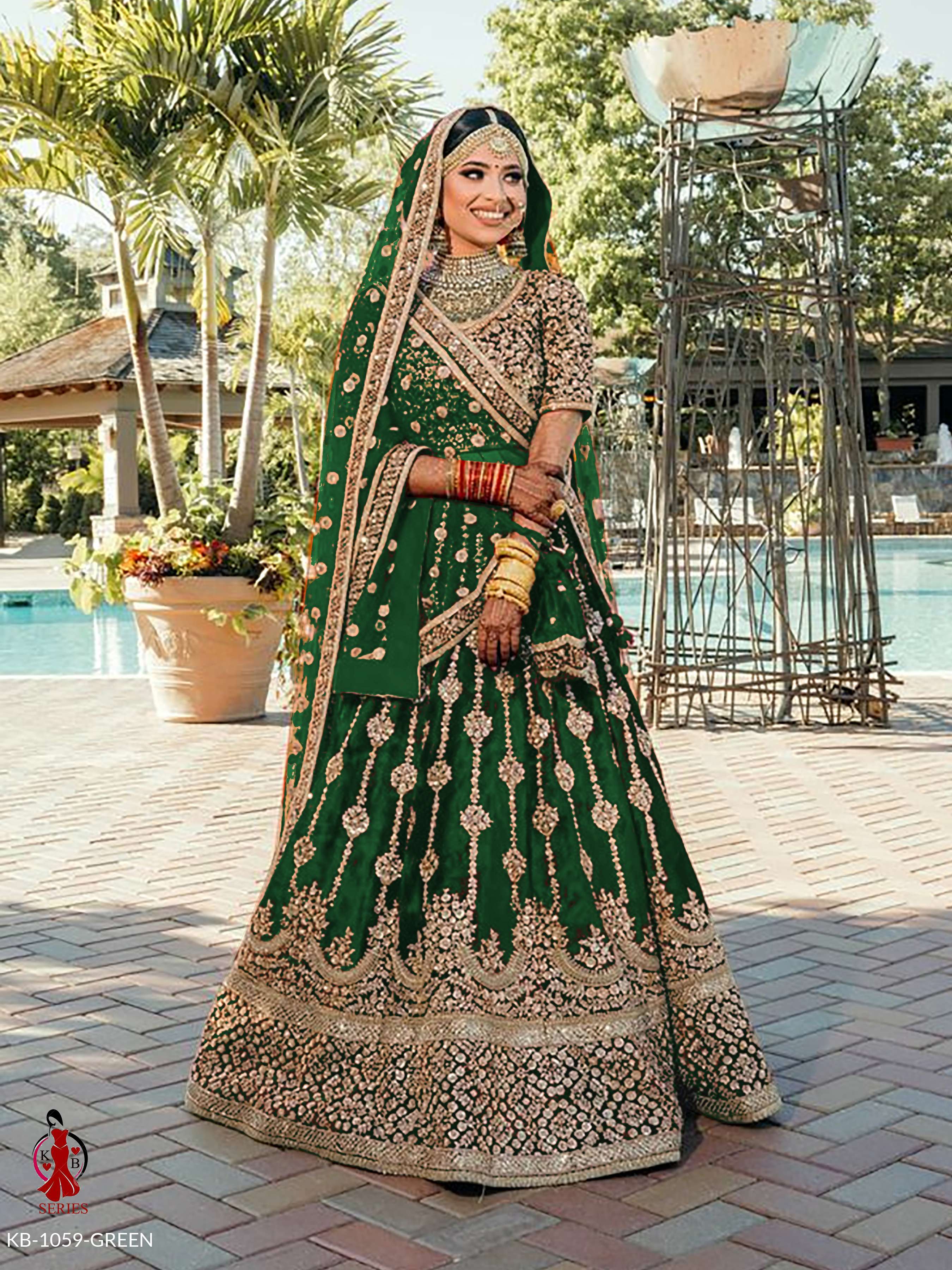 GREEN DESIGNER EMBROIDERY VELVET LEHENGA FOR WOMEN WEDDING PARTY WEAR KB1059