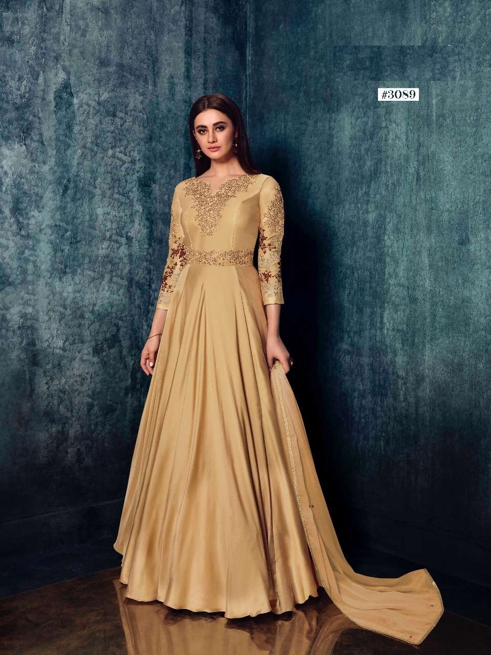 LATEST DESIGNER FANCY SATIN SILK CHIKU GOWN FOR WEDDING RECEPTION PARTY WEAR GOWN 3089