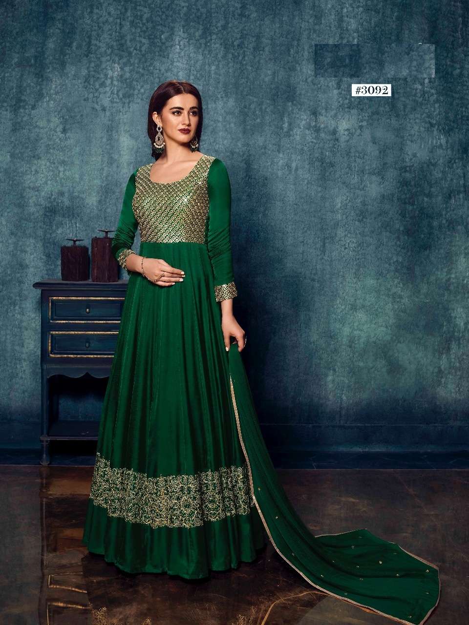 LATEST DESIGNER FANCY SATIN SILK GREEN GOWN FOR WEDDING RECEPTION PARTY WEAR GOWN 3092