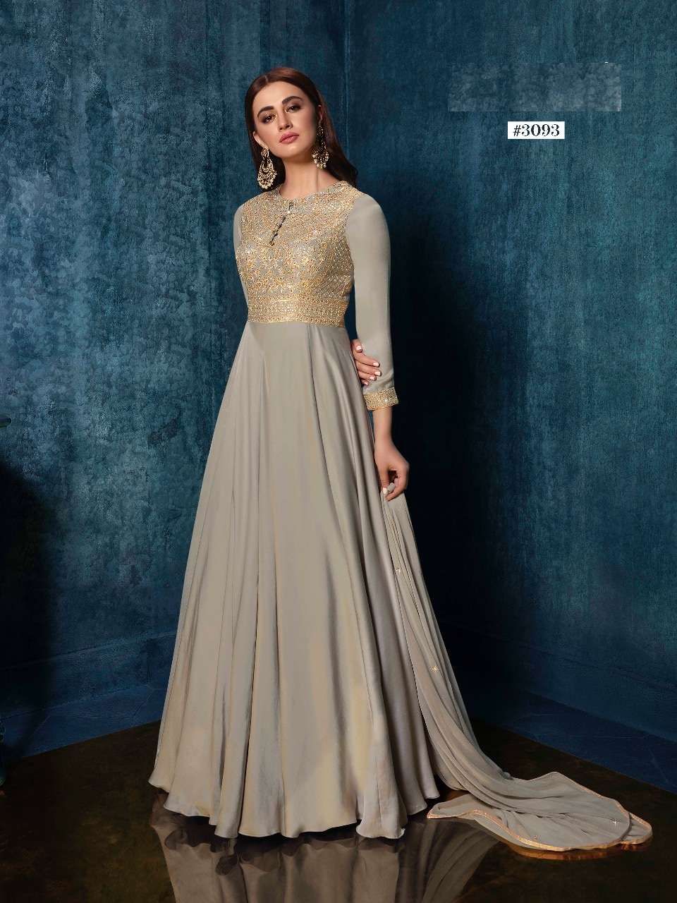 LATEST DESIGNER FANCY SATIN SILK GREY GOWN FOR WEDDING RECEPTION PARTY WEAR GOWN 3093