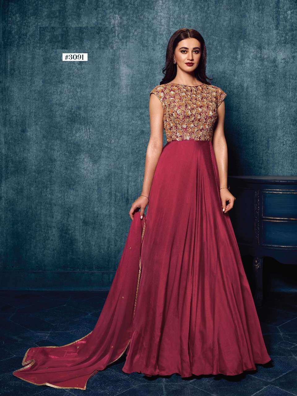 LATEST DESIGNER FANCY SATIN SILK MAROON GOWN FOR WEDDING RECEPTION PARTY WEAR GOWN 3091