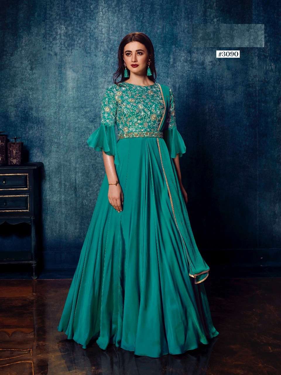 LATEST DESIGNER FANCY SATIN SILK RAMA GOWN FOR WEDDING RECEPTION PARTY WEAR GOWN 3090