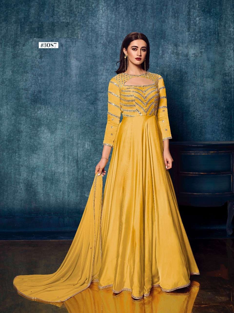 LATEST DESIGNER FANCY SATIN SILK YELLOW GOWN FOR WEDDING RECEPTION PARTY WEAR GOWN 3087