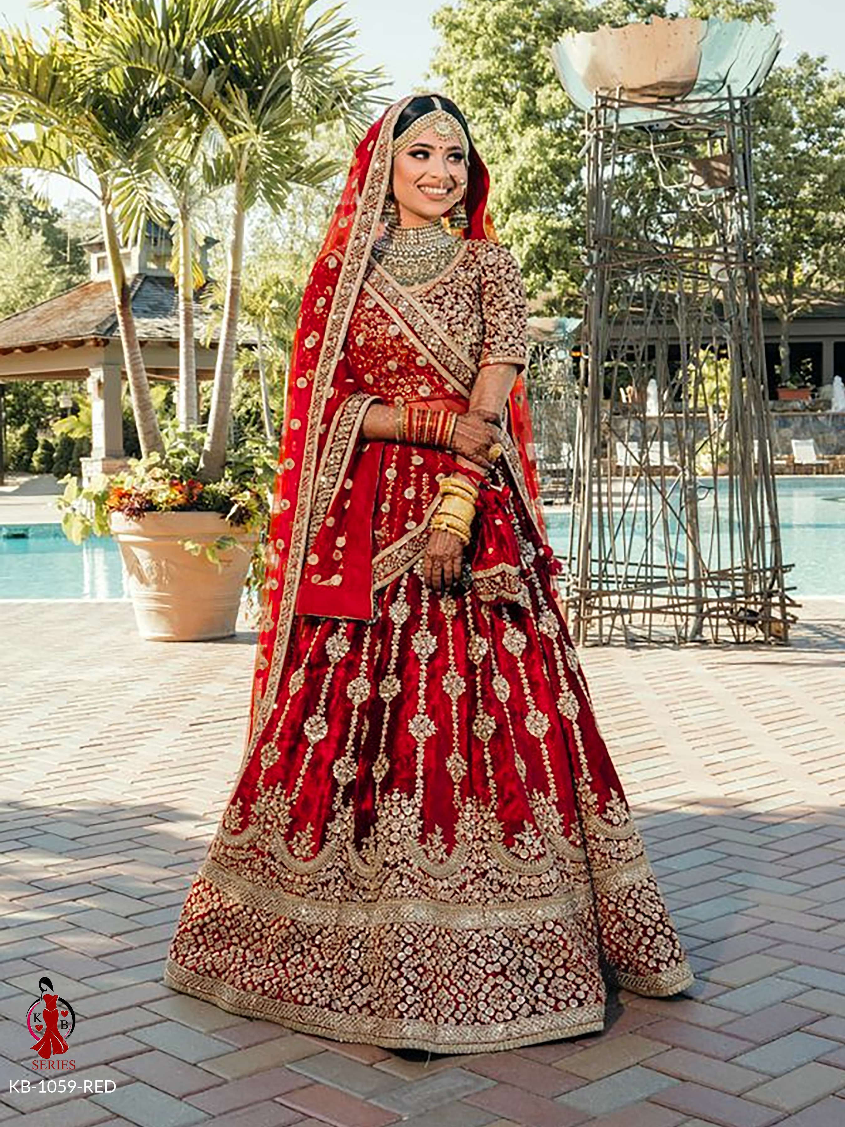 RED DESIGNER EMBROIDERY VELVET LEHENGA FOR WOMEN WEDDING PARTY WEAR KB1059