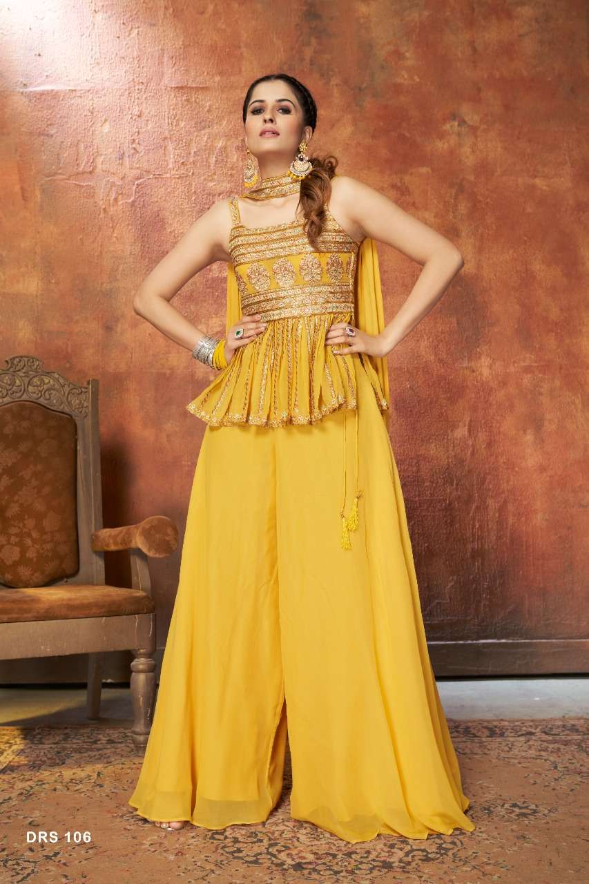 DESIGNER FANCY YELLOW WESTERN CROP TOP PARTY WEAR SALWAR SUIT DRS 106