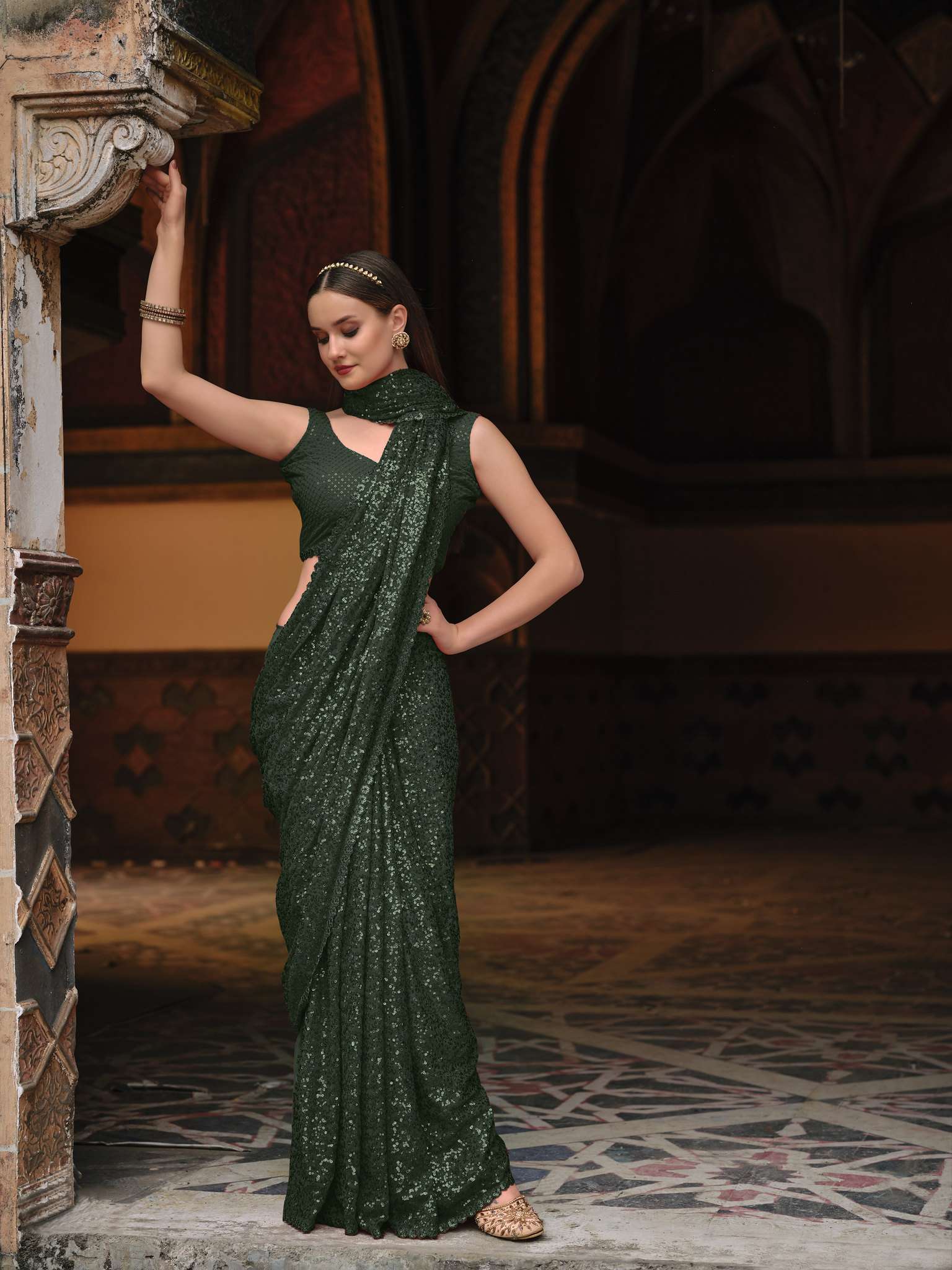 DESIGNER WEDDING PARTY FUNCTION WEAR SEQUENCE GEORGETTE SAREE EXCLUSIVE COLLECTION SENHORA EMERALD 2045B