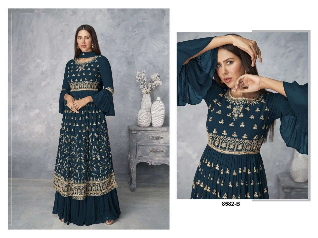 HOT SELLING PARTY WEAR GEORGETTE SHARARA SALWAR SUIT FOR WOMEN AASHIRWAD 8582 B