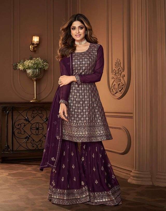 NEW ARRIVAL FANCY WEDDING PARTY WEAR REAL GEORGETTE SHARARA SALWAR SUIT HEROINE 8697