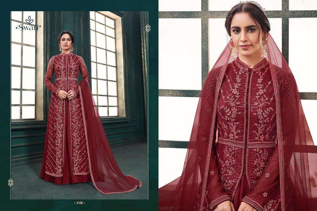 PARTY WEAR DESIGNER SKY BLUE COLOR FANCY STYLE SALWAR SUIT IN NET EXCLUSIVE DESIGN 3106 RED