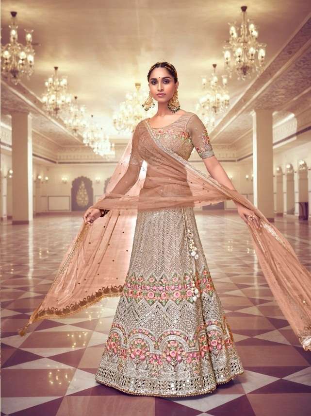 PREMIUM DESIGNER FANCY WEDDING PARTY WEAR EXCLUSIVE HEAVY NET LEHENGA CHOLI NAKKASHI SADAGI 5191