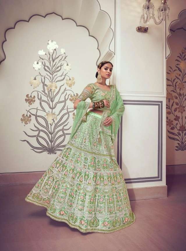 PREMIUM DESIGNER FANCY WEDDING PARTY WEAR EXCLUSIVE HEAVY NET LEHENGA CHOLI NAKKASHI SADAGI 5194