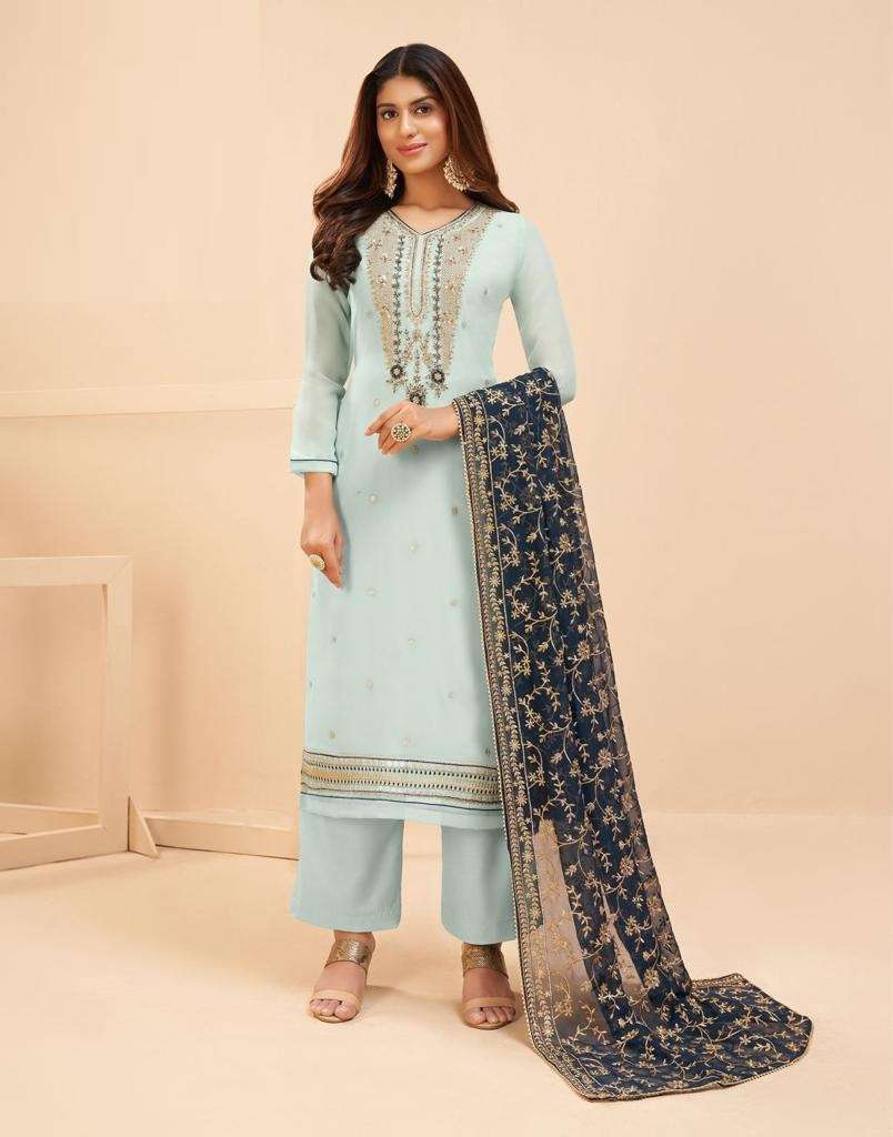 Fantastic Light Blue Sequins Thread Embroidery Party Wear Salwar Suit 2044B