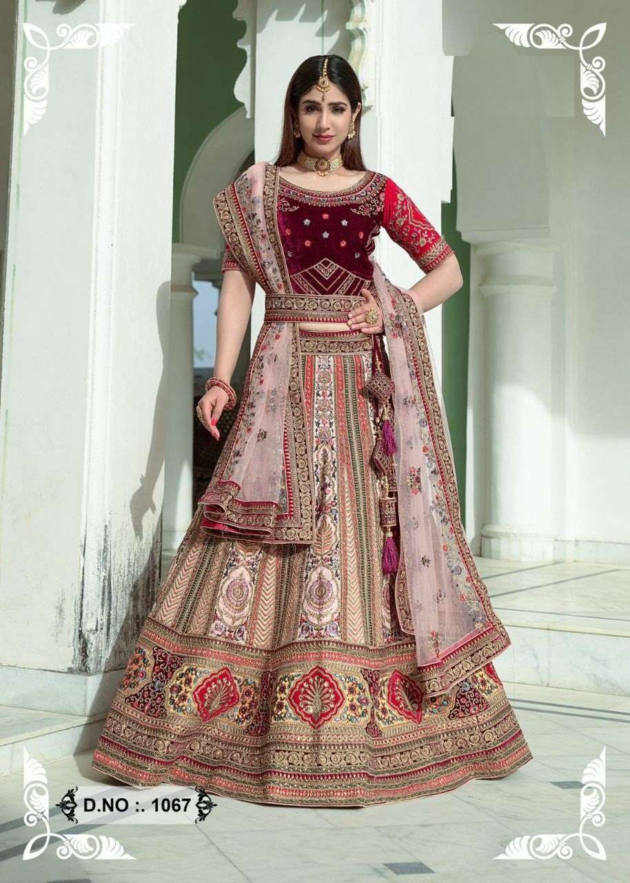 Fantastic Multicolor Thread Embroidery Velvet Bridal Lehenga Choli 1067