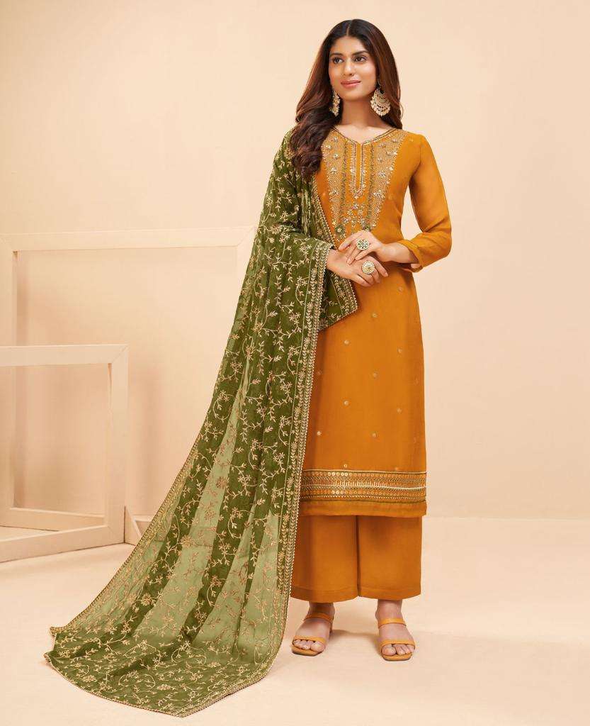 Great Mustard Yellow Sequins Thread Embroidery Party Wear Salwar Suit 2044A