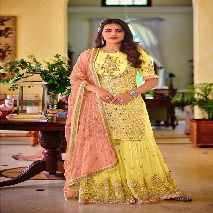 DESIGNER FANCY REAL GEORGETTE PARTY WEAR SHARARA SALWAR SUIT ARMANI 1062A