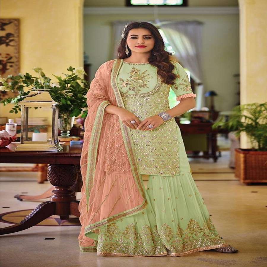 DESIGNER FANCY REAL GEORGETTE PARTY WEAR SHARARA SALWAR SUIT ARMANI 1062B