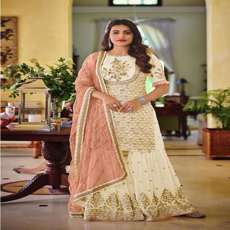 DESIGNER FANCY REAL GEORGETTE PARTY WEAR SHARARA SALWAR SUIT ARMANI 1062C