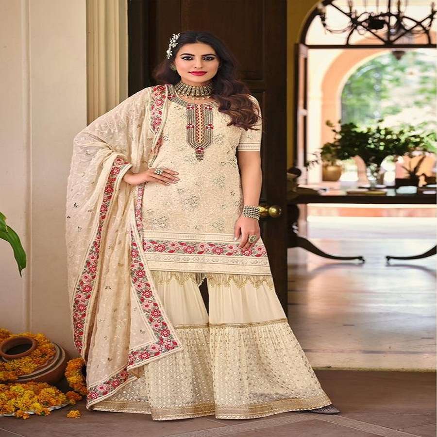 DESIGNER FANCY REAL GEORGETTE PARTY WEAR SHARARA SALWAR SUIT ARMANI 1063A