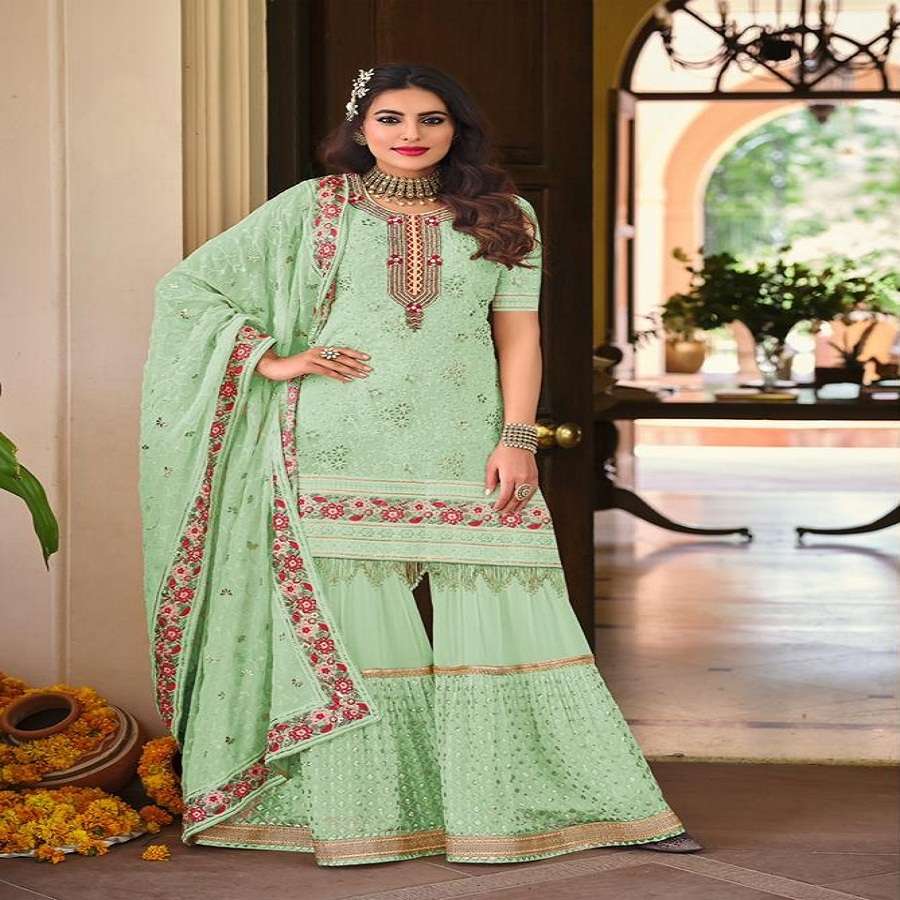 DESIGNER FANCY REAL GEORGETTE PARTY WEAR SHARARA SALWAR SUIT ARMANI 1063B