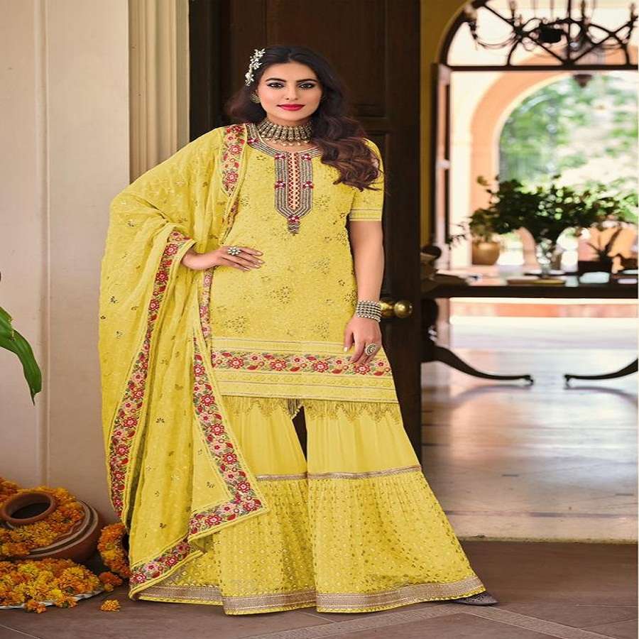 DESIGNER FANCY REAL GEORGETTE PARTY WEAR SHARARA SALWAR SUIT ARMANI 1063C