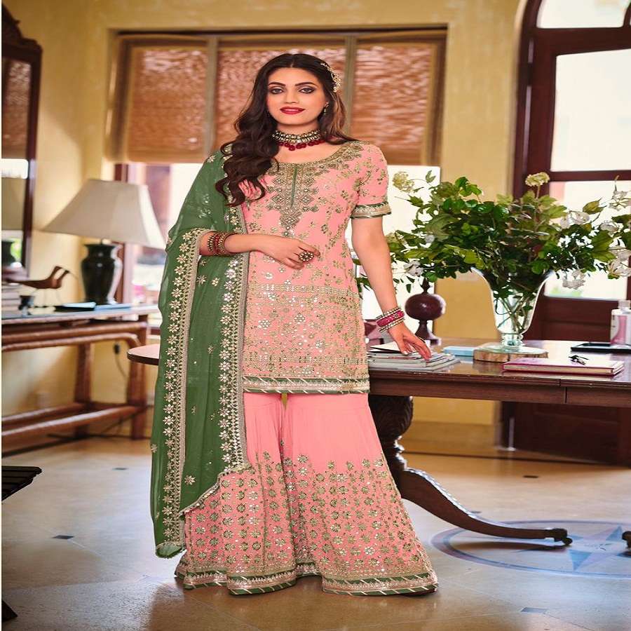 DESIGNER FANCY REAL GEORGETTE PARTY WEAR SHARARA SALWAR SUIT ARMANI 1064 E