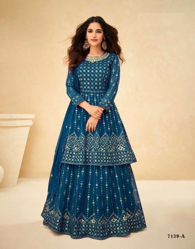 DESIGNER FANCY WEDDING PARTY WEAR GEORGETTE SHARARA SALWAR SUIT AASHIRWAD 7139 A