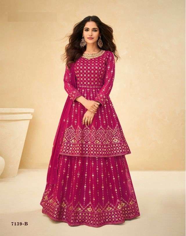 DESIGNER FANCY WEDDING PARTY WEAR GEORGETTE SHARARA SALWAR SUIT AASHIRWAD 7139 B