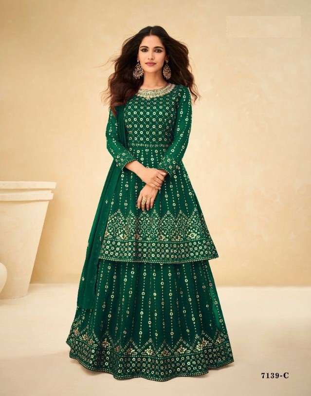 DESIGNER FANCY WEDDING PARTY WEAR GEORGETTE SHARARA SALWAR SUIT AASHIRWAD 7139 C