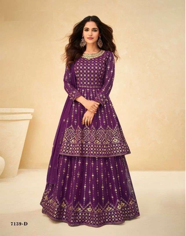 DESIGNER FANCY WEDDING PARTY WEAR GEORGETTE SHARARA SALWAR SUIT AASHIRWAD 7139 D