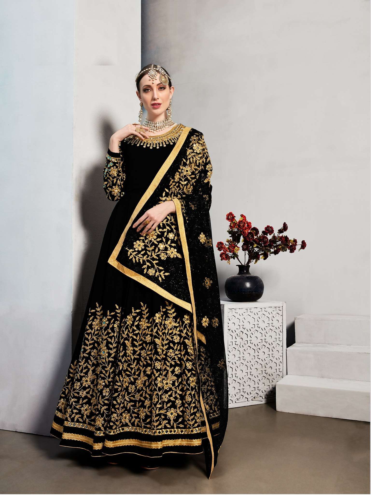 HOT SELLING FANCY LONG BLACK ANARKALI GOWN SALWAR SUIT FOR WEDDING PARTY WEAR 28001