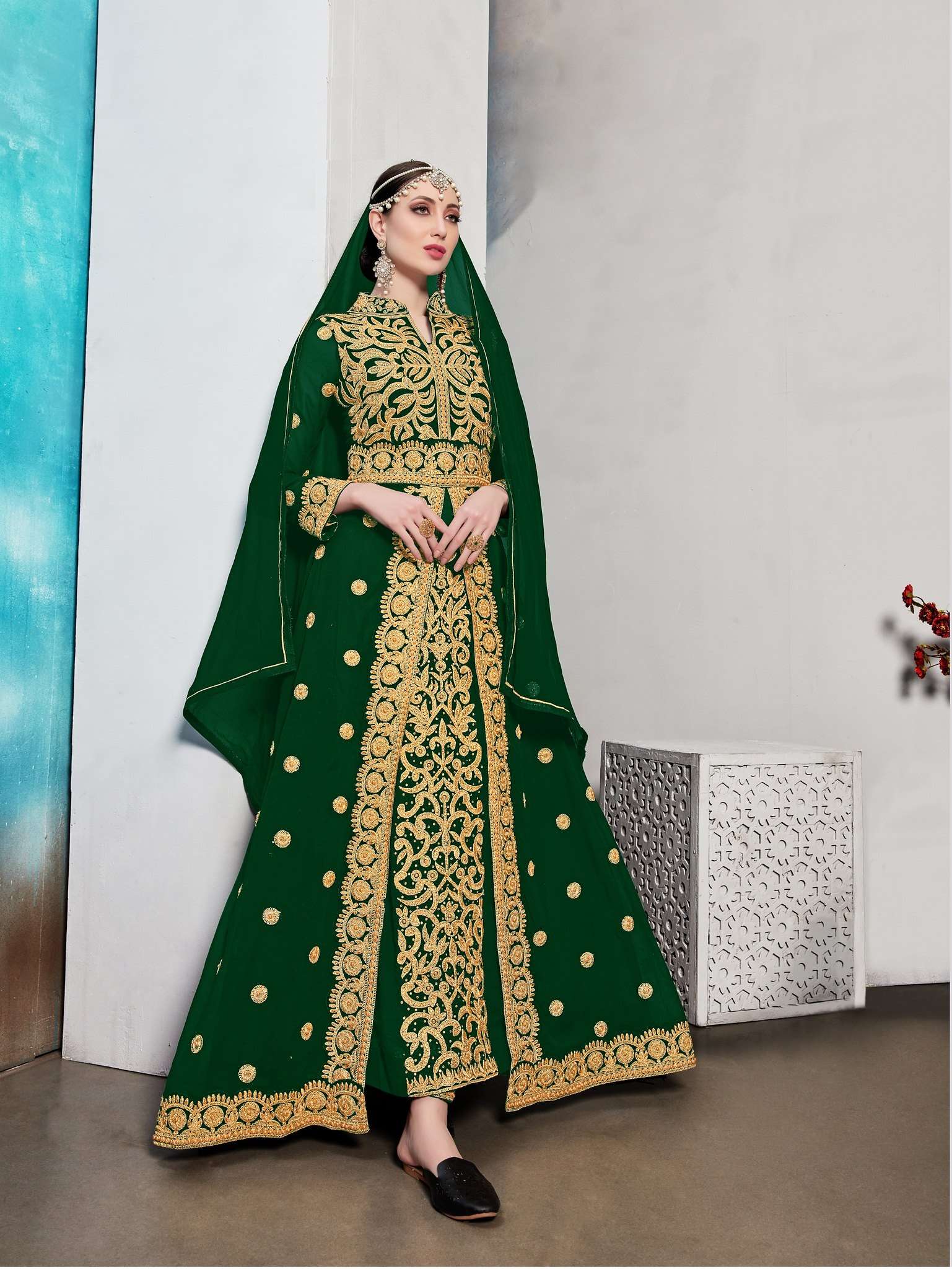 HOT SELLING FANCY LONG GREEN ANARKALI GOWN SALWAR SUIT FOR WEDDING PARTY WEAR 28003