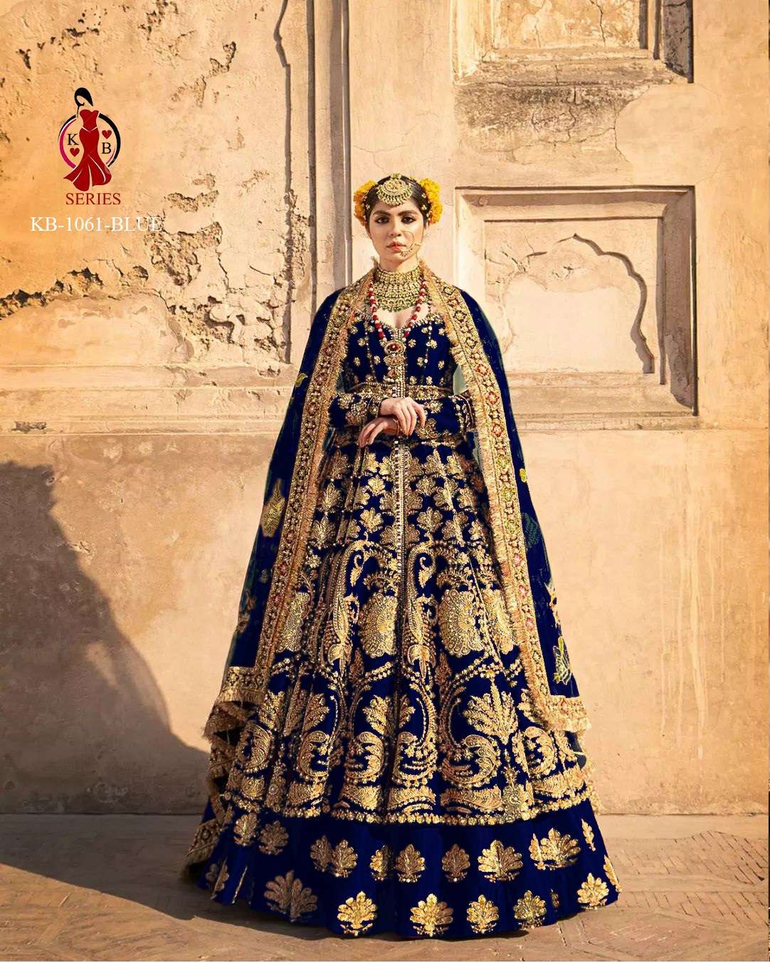 BOLLYWOOD DESIGNER BEST BLUE BRIDAL WEDDING WEAR TOP LEHENGA CHOLI IN VELVET FABRIC KB 1061